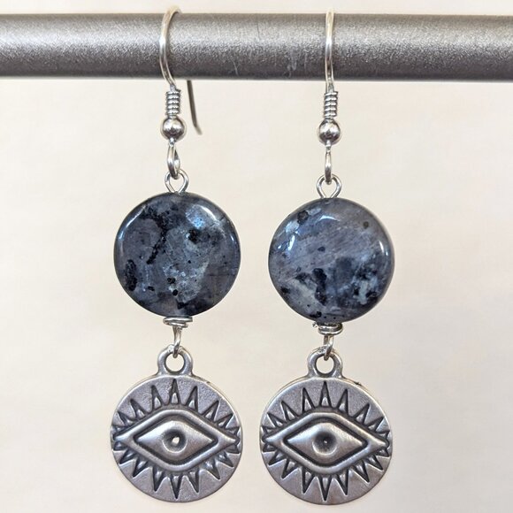 Boho Sterling Silver Grey Larvikite Evil Eye Dangle Earrings - Picture 1 of 3